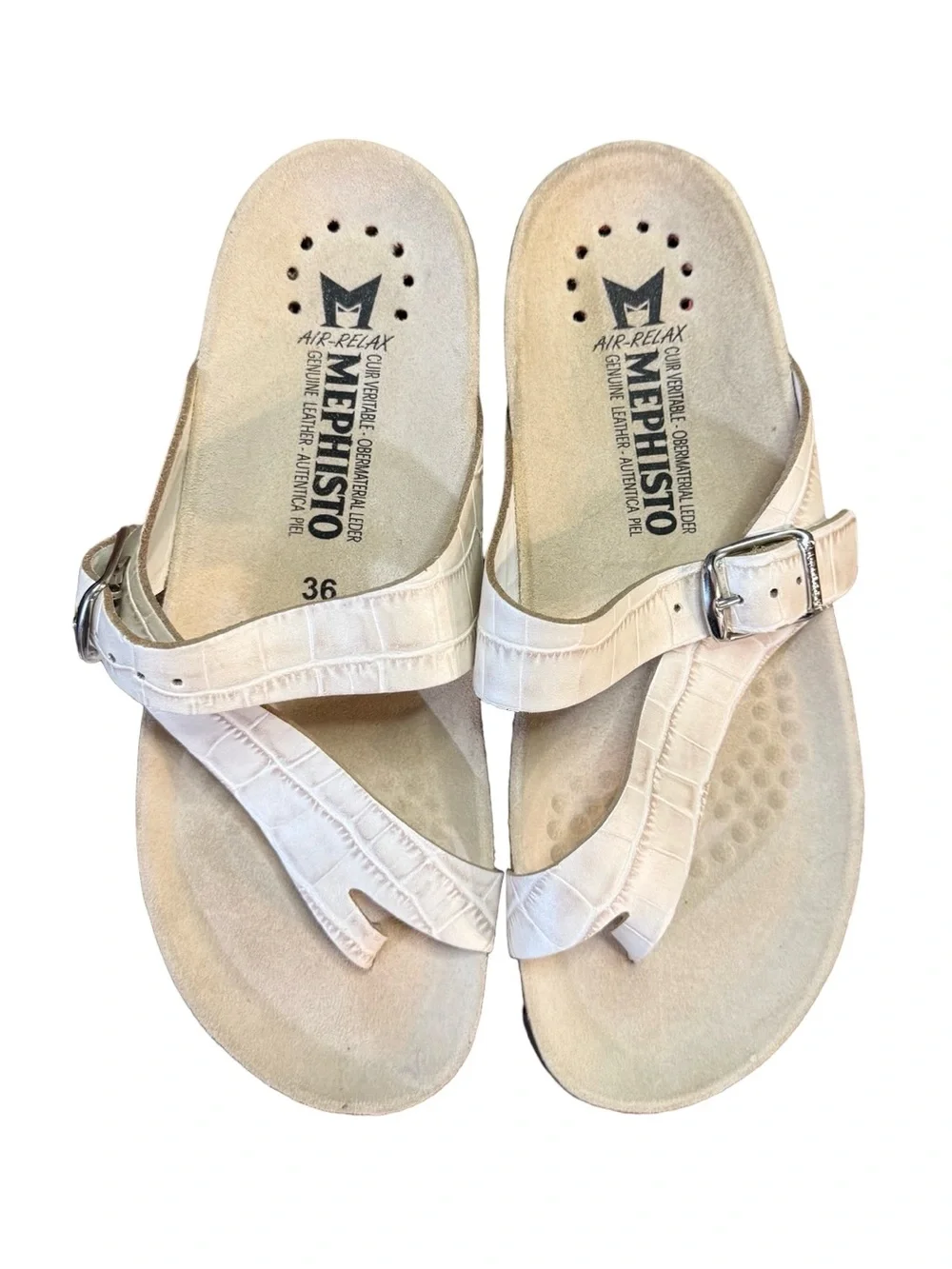 Mephisto Helen White Croc-Embossed Leather Thong Sandals Women’s Size 6